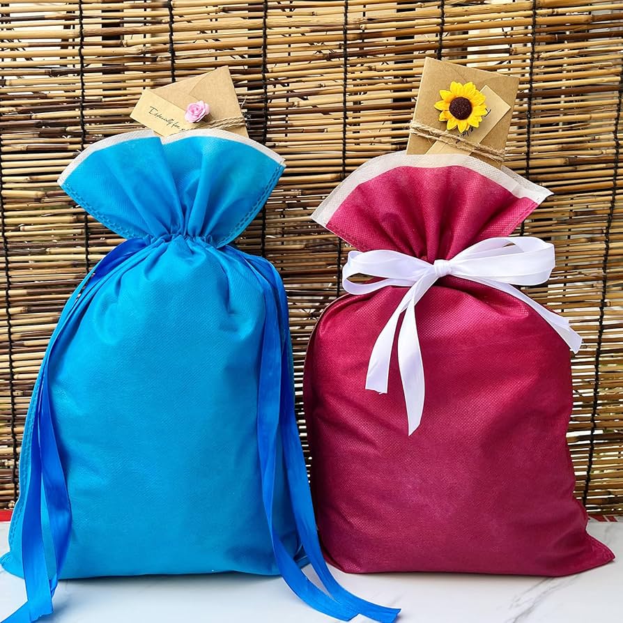 【ラッピング ギフトバッグ 】ＬＬサイズ 不織布  巾着袋 10枚 セット OKINI ギフトバッグ 10枚入 巾着 L 不織布 マチ付 ネイビー